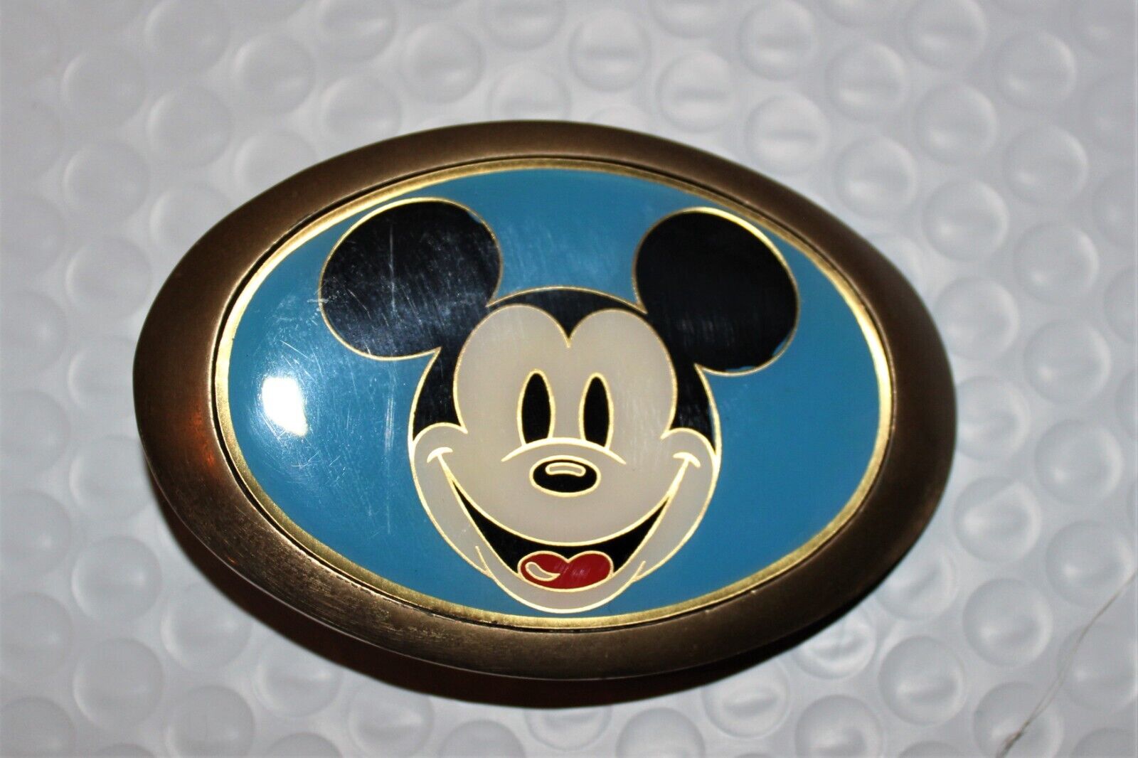 Vintage Baron Mickey Mouse Full Face Blue Background Solid Brass Belt Buckle