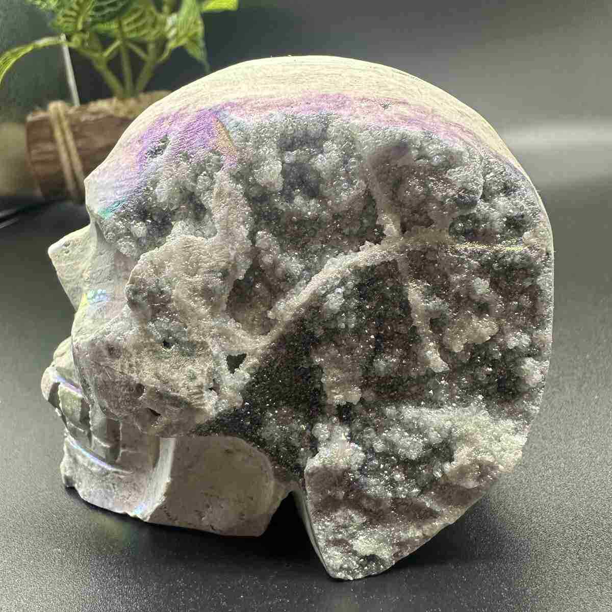 635g Electroplate Natural Sphalerite Quartz Carved Skull Crystal Reiki Healing 