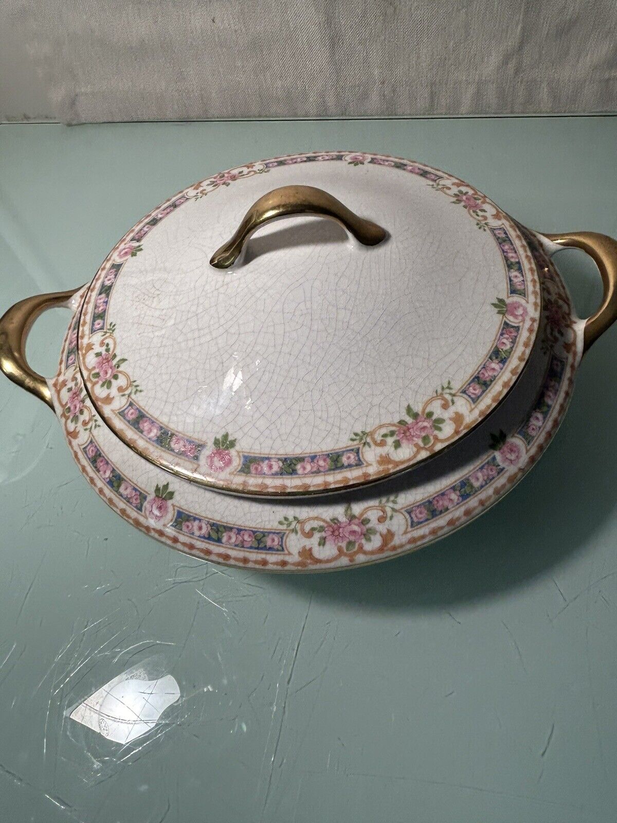 Vintage 1929 Canonsburg Pottery Round Covered Dish With Pink Flowers & Gold Trim