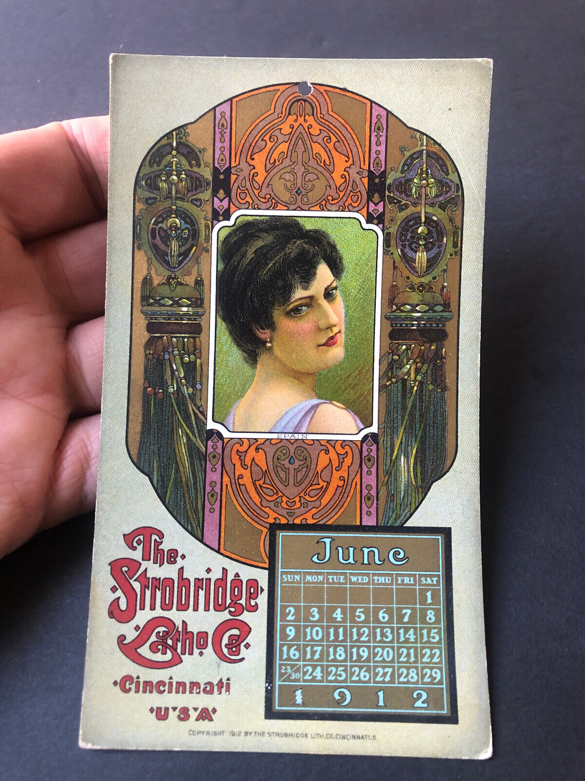 Victorian STROBRIDGE Litho Co June 1912 Lady Spain Art Nouveau Calendar Card