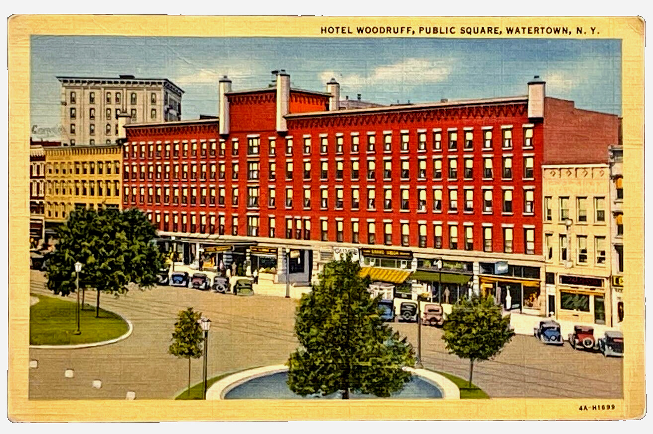 Watertown New York Hotel Woodruff 1945 Postmarked Linen Postcard Public Square