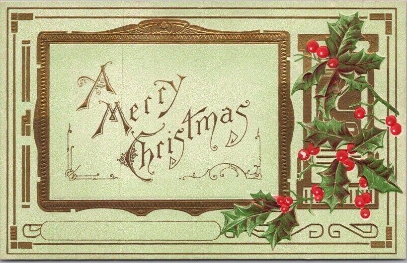 c1910s MERRY CHRISTMAS Embossed Postcard Gold Picture Frame / Holly - UNUSED