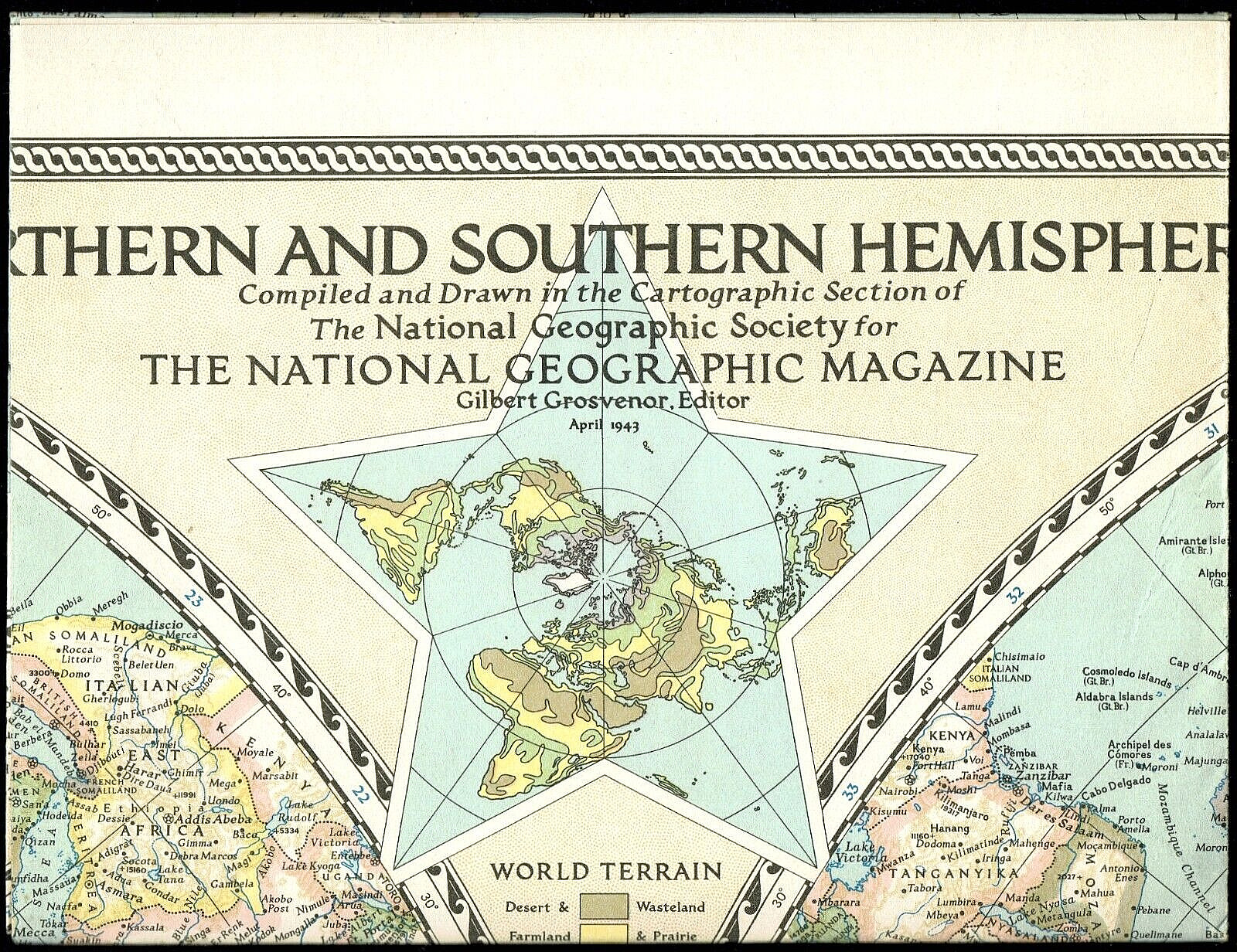 ⫸ 1943-4 April Vintage WORLD MAP NORTHERN & SOUTHERN HEMISPHERES - VTG#1