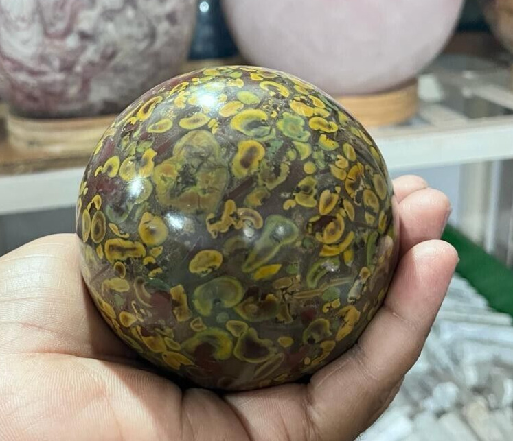 100MM Large Fruit Jasper Sphere  Home Office Dask Decor WIth Golden Metal Stand