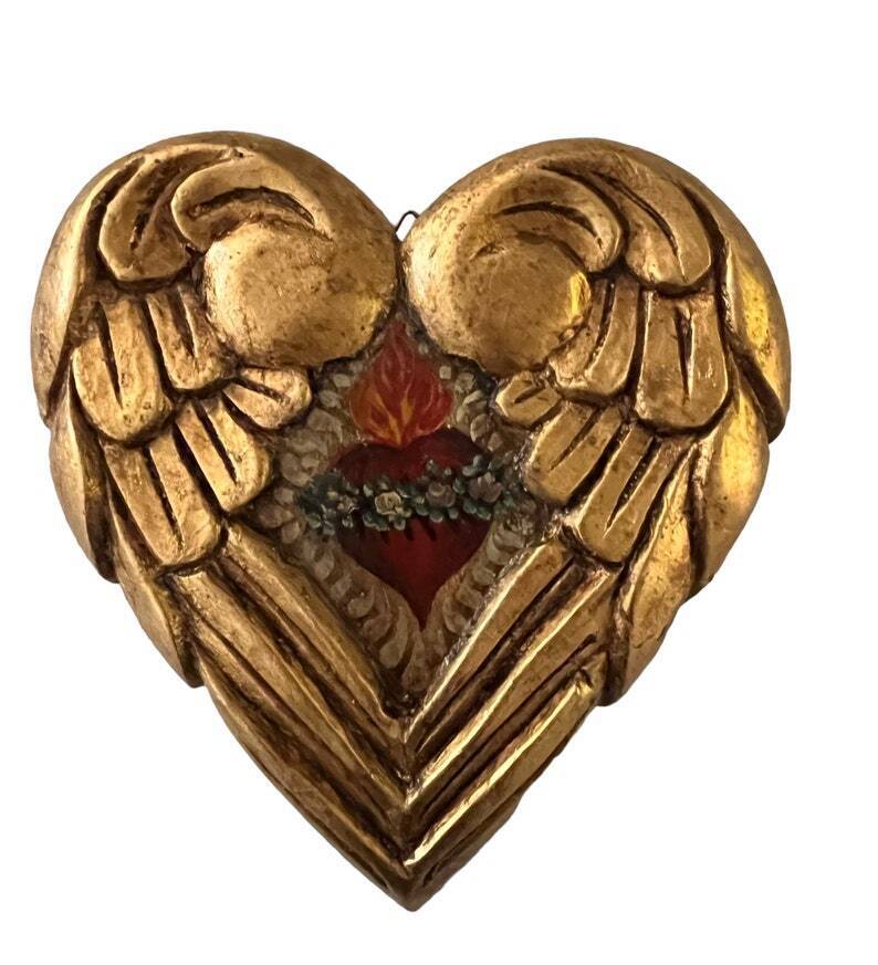 SACRED HEART with Wings, Winged Mexican Corazon. Angel Wings Heart Gold Leaf