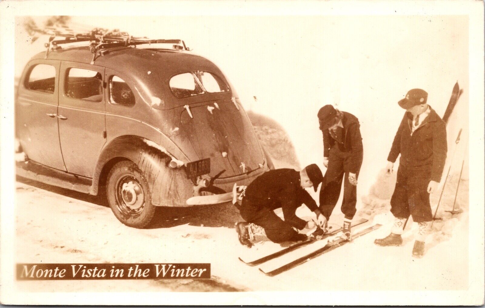 RPPC Monte Vista in the Winter, Placer County California Automobile Men Skiing