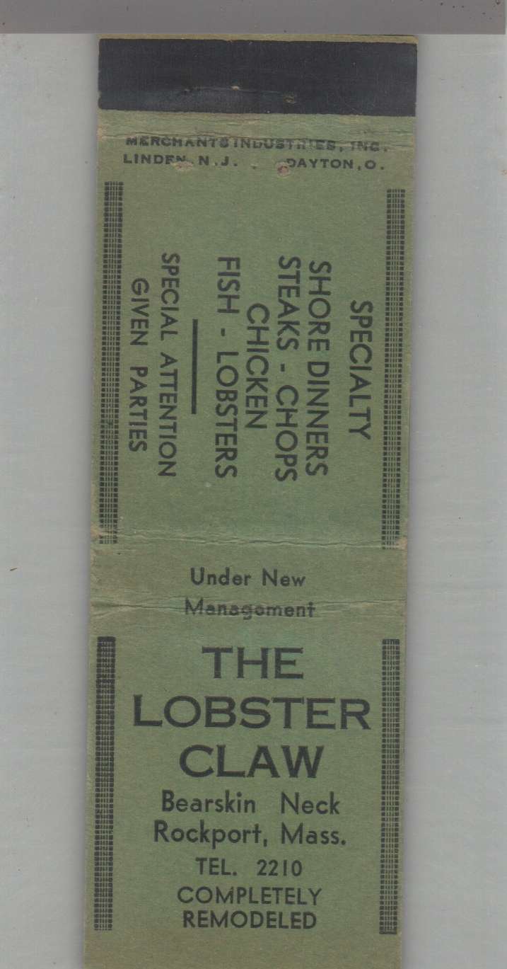 Matchbook Cover - 1930's The Lobster Claw Restaurant Bearskin Neck Rockport, MA
