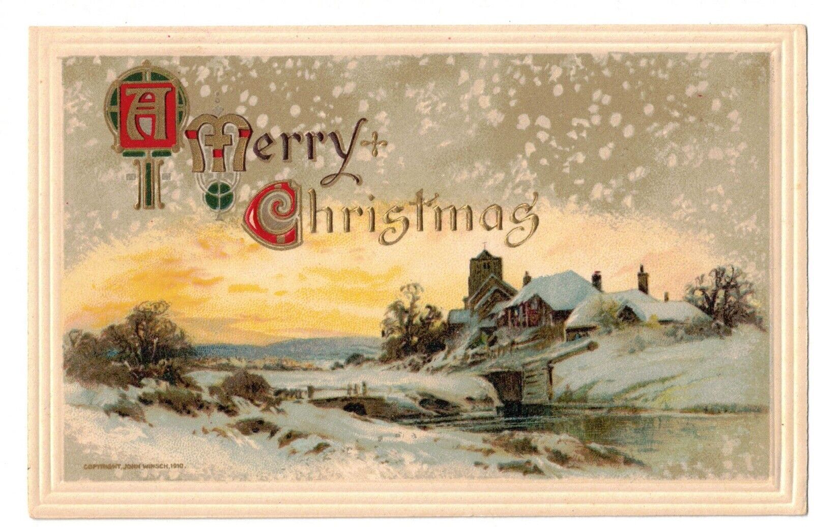 c1910's Merry Christmas Winter Scene with Church Embossed Postcard LA4
