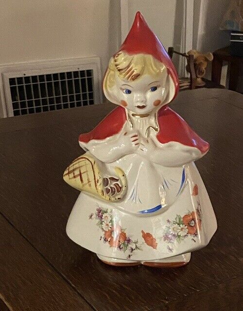 Vintage Hull Little Red Riding Hood Cookie Jar 13” w/ Poppies & Gold Trim 