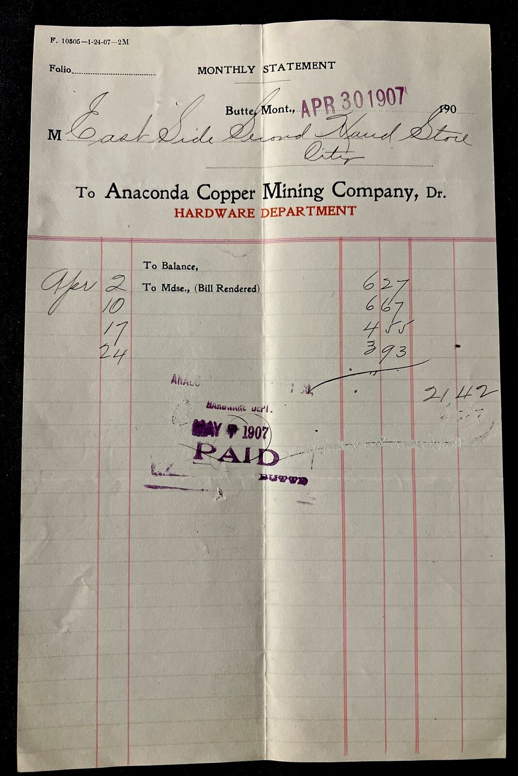 Antique 1907 ANACONDA COPPER MINING Company Invoice BUTTE MONTANA Bill Head