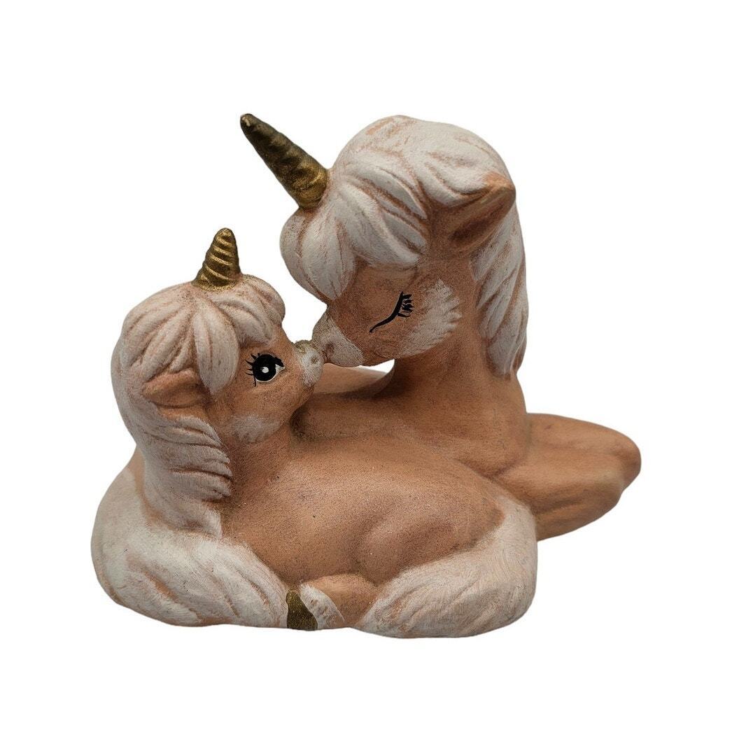 Vintage 1980s Hand painted Unicorn and Baby Figurine Bronze and Cream Cute