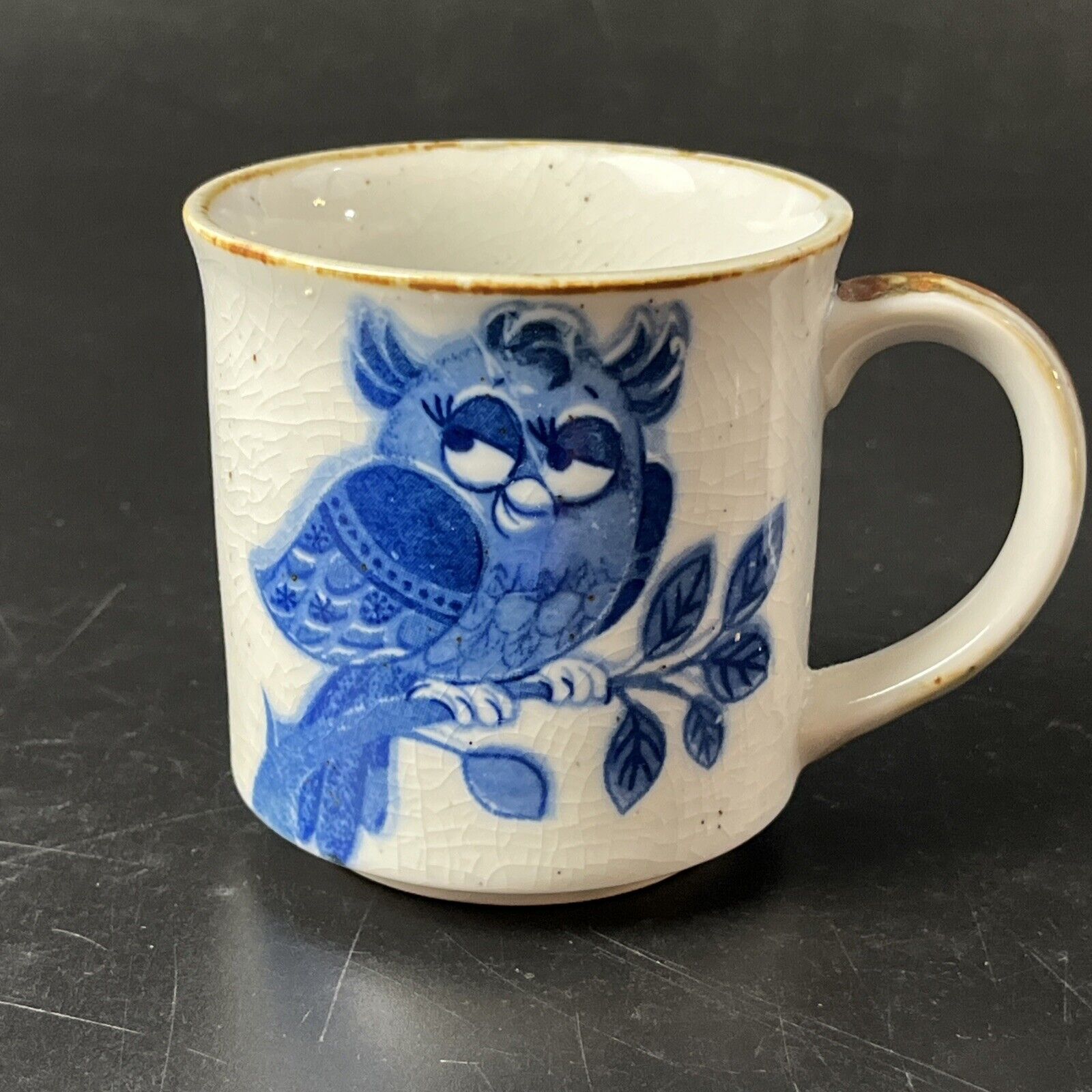 Vintage Otagiri Pretty Lady Owl Coffee Tea Mug Blue White Tan Speckled Ceramic