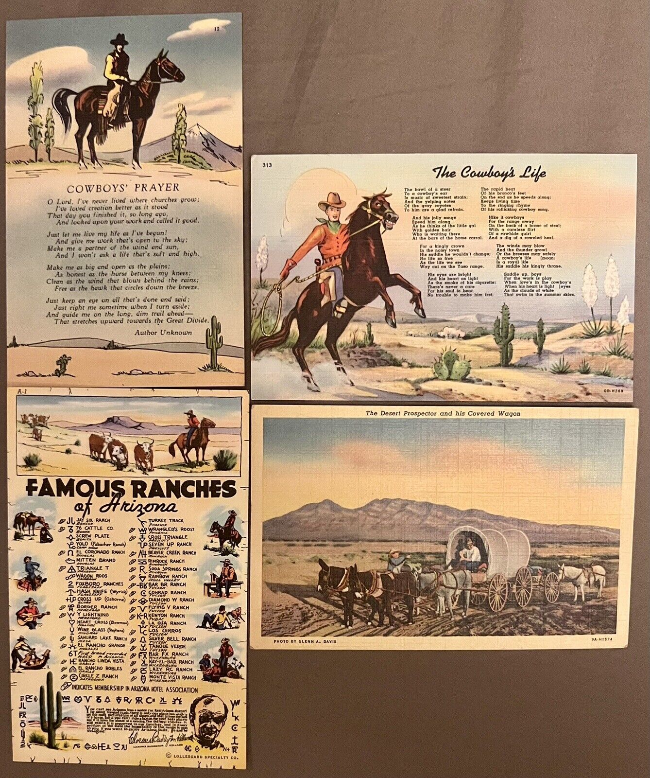 4 Antique Postcards from 1900's Cowboy Life,Prayer & Prospector,Famous Ranches
