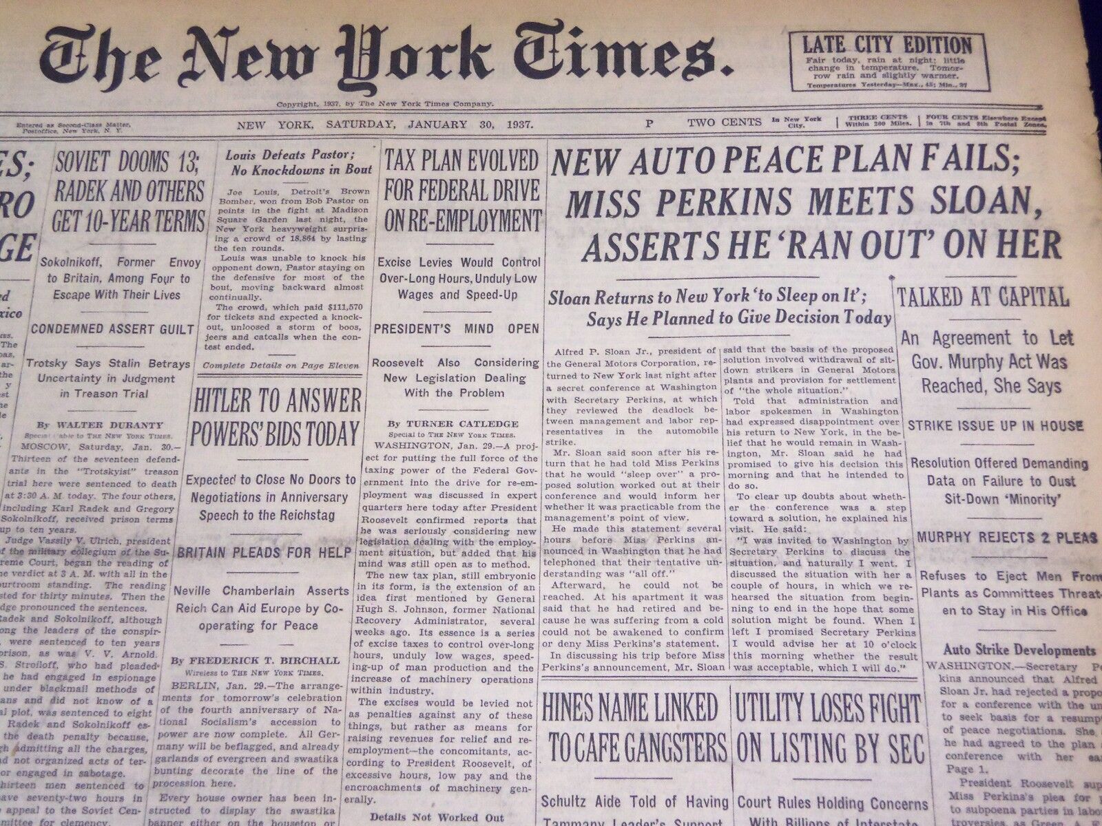 1937 JAN 30 NEW YORK TIMES - NEW AUTO PEACE PLAN FAILS, PERKINS, SLOAN - NT 424