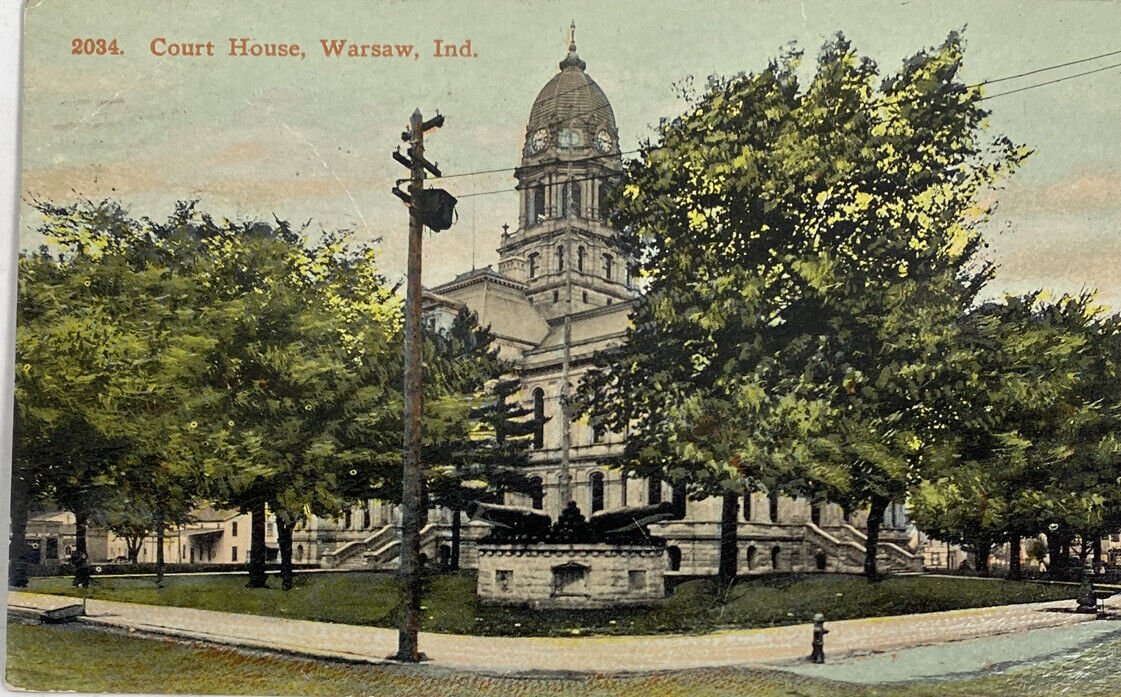 Warsaw Indiana Courthouse Building Indiana Postcard Antique Street Scene