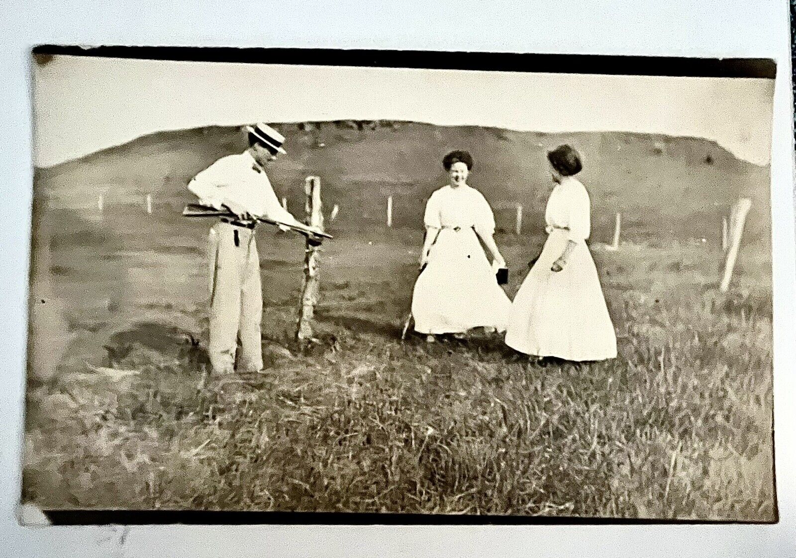 Postcard Antique c1908 LADIES and Man with RIFLE SHOTGUN Long Dress REMOTE Area