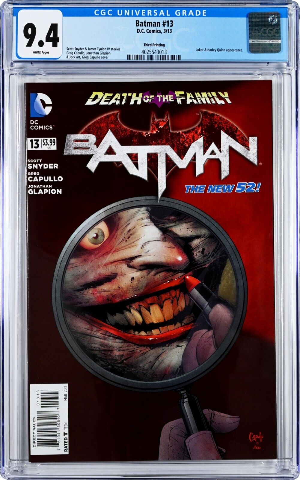 Batman #13 CGC 9.4 (Mar 2013, DC) Scott Snyder, Joker Harley Quinn, 3rd Printing