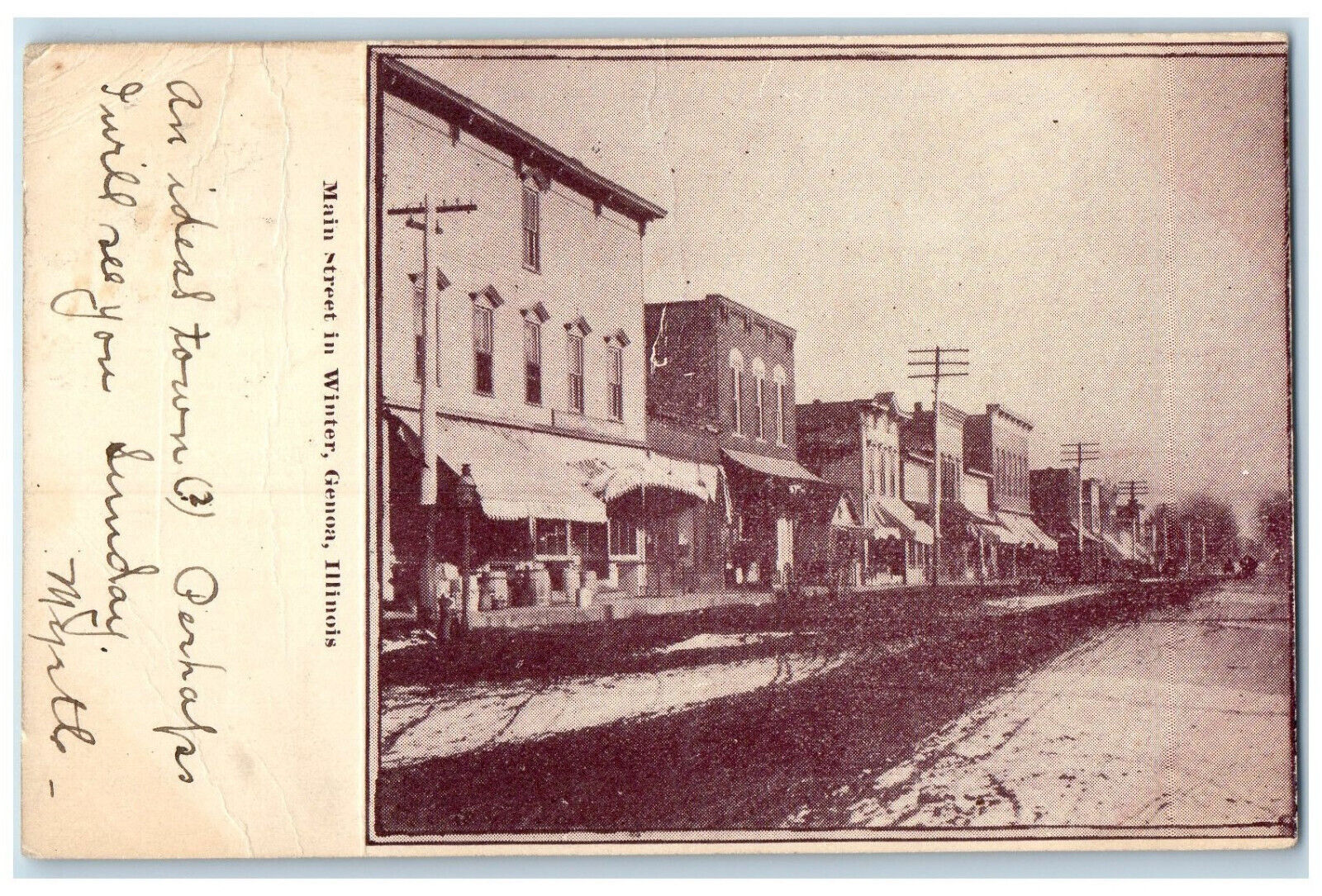 c1905 Main Street in Winter Genoa Illinois IL Antique Posted Postcard