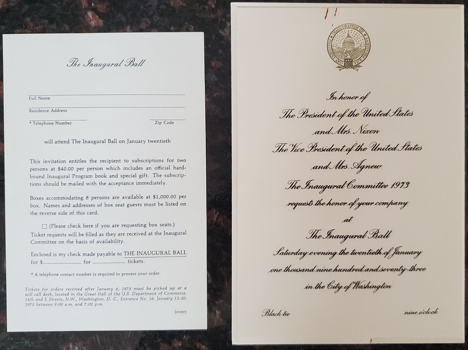 1973 President Nixon Vice President Agnew First Ladies Inaugural Ball Invitation