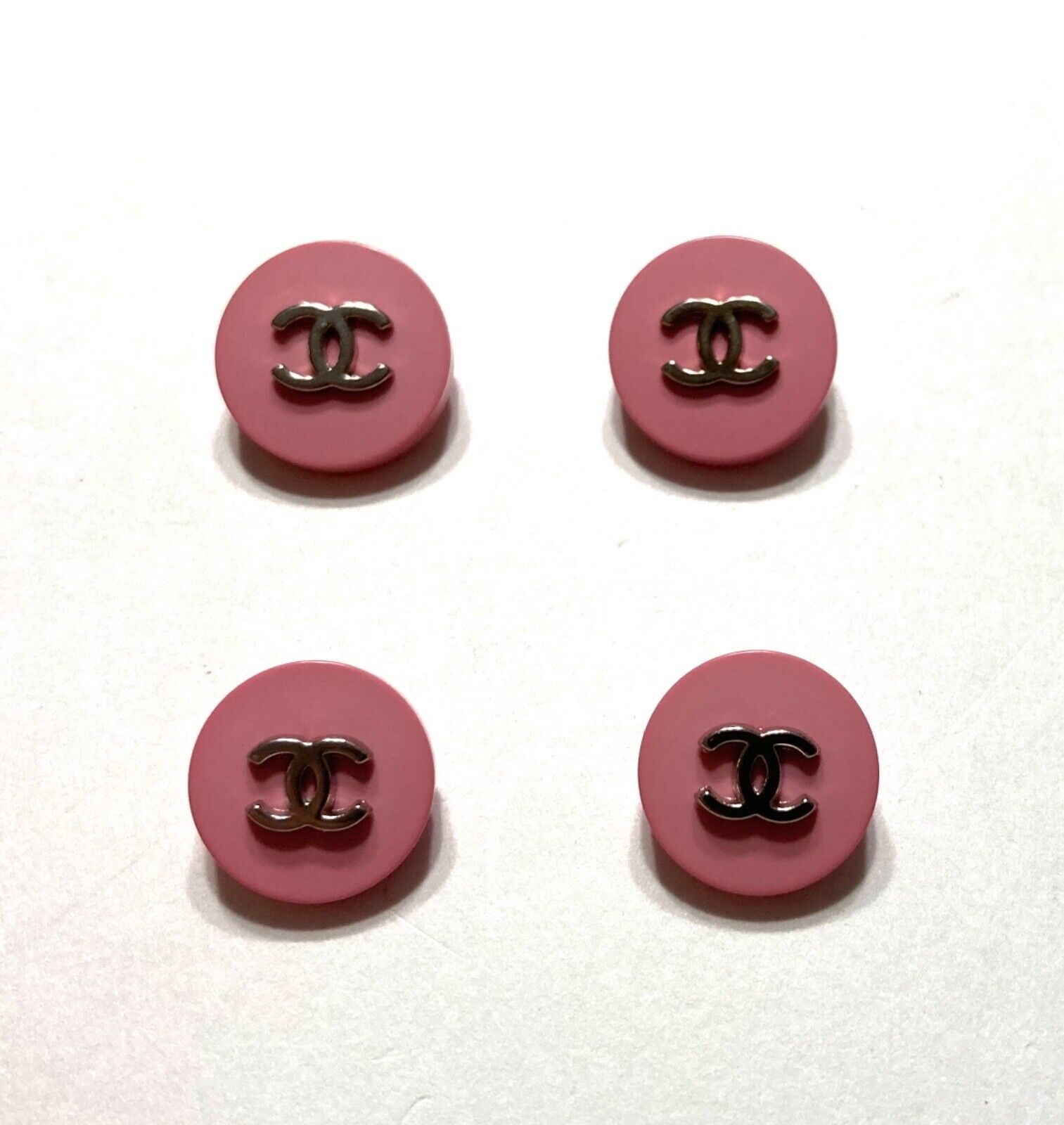 Set of 4 Vintage Coco Chanel Pink Silver Tone Logo Buttons Collectible - 2 Sizes