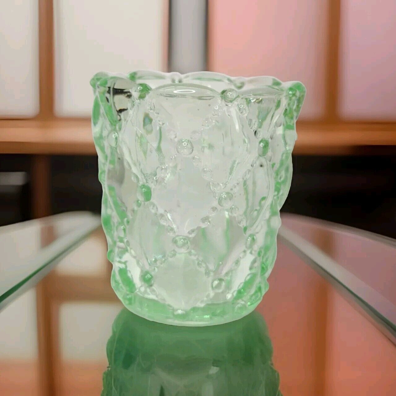 Vintage Green Quilted Bead Pattern Glass Toothpick Holder