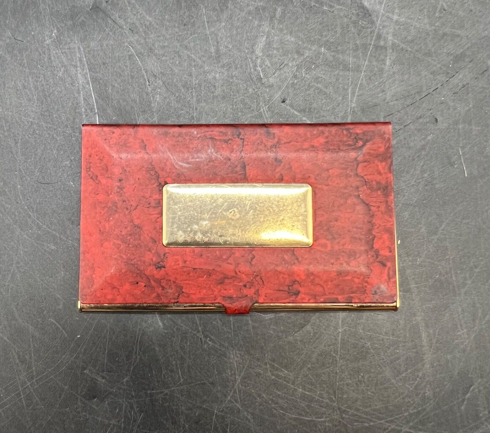Vintage 1950's Business Card Container Holder Case Marbled Red Black Gold Metal