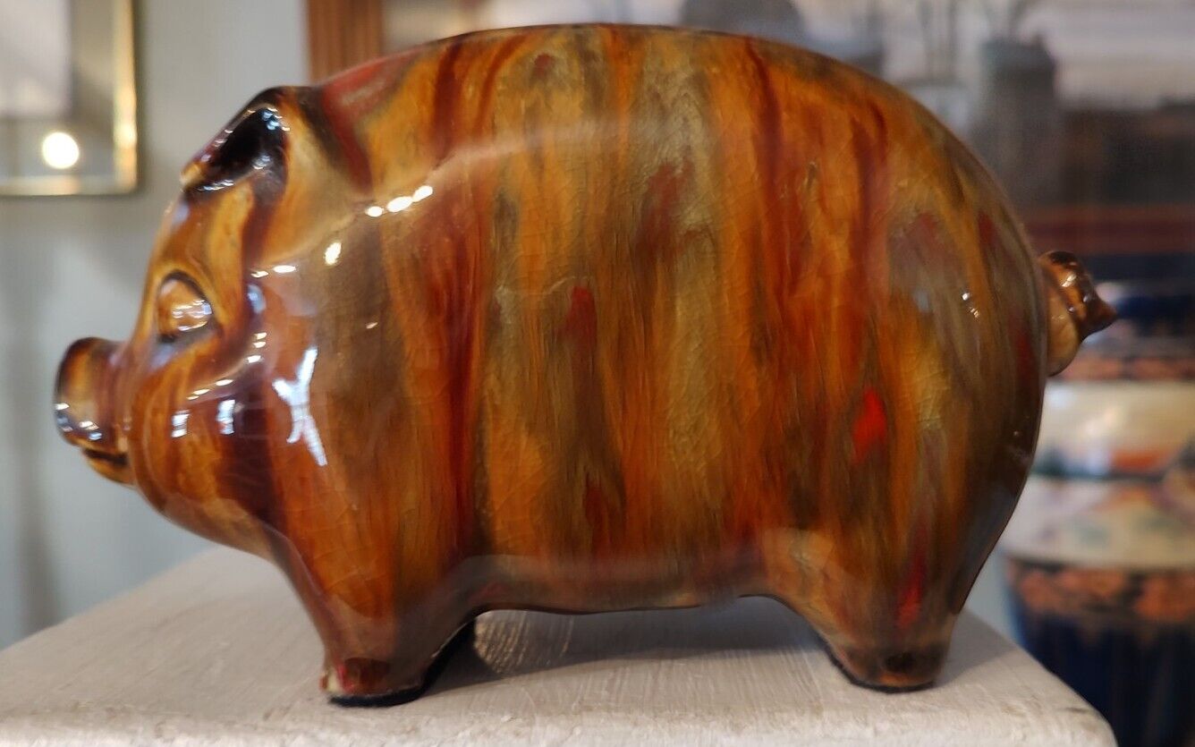 Antique Pottery Caramel Full Drip Glaze Pottery Stoneware Pig Piggy Bank
