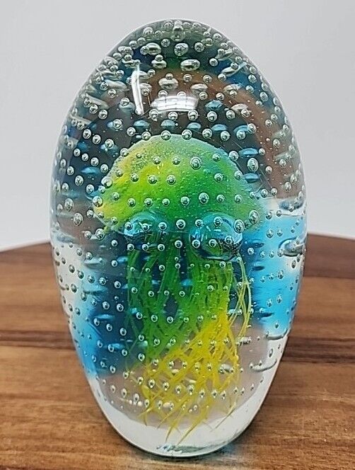6.5” SPI handblown glass jellyfish paperweight bullicante “bubble glass” glows