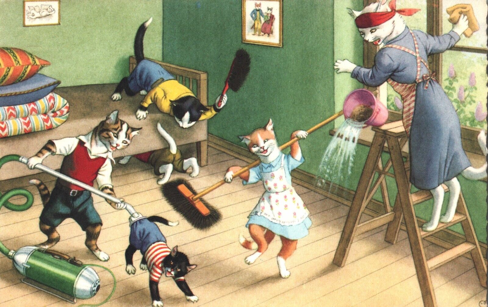Alfred Mainzer Anthropomorphic Cats Sweeping and Cleaning House Postcard