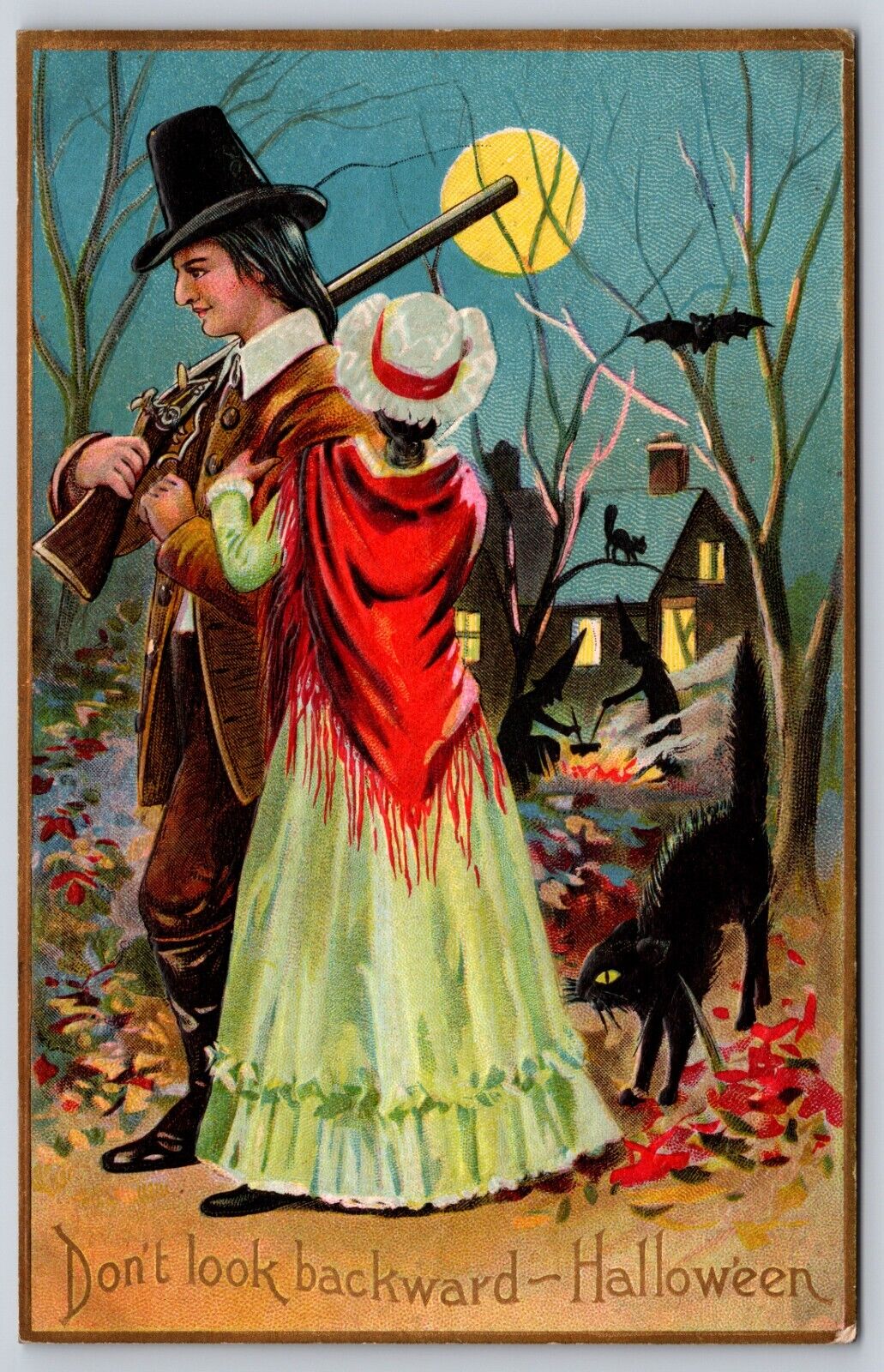 Halloween Postcard Pilgrims Black Cats Bats Witches Brew Santway 140 Embossed