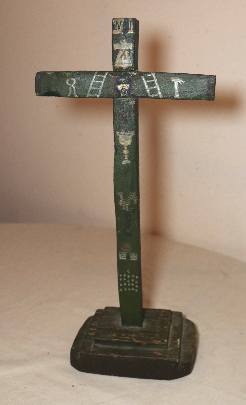 rare antique 1700s hand carved polychromed wood applied wax altar crucifix cross