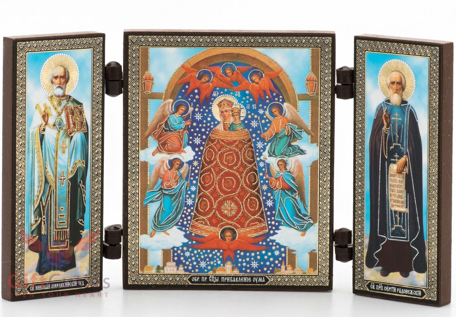 Folding Wooden Triptych Icon of Addition of the Mind Virgin Mary with Saints