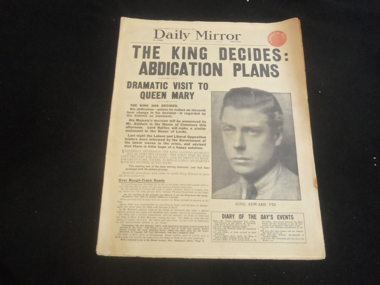 1936 DEC 10 DAILY MIRROR NEWSPAPER-LONDON-KING DECIDES ABDICATION PLANS- NP 5751