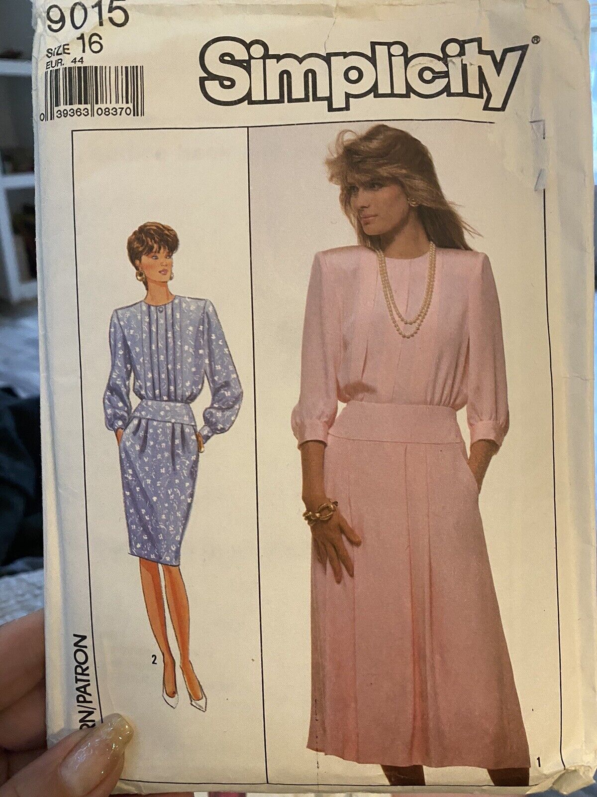1989 Simplicity 9015 Vintage Sewing Pattern Womens Dress Size 16