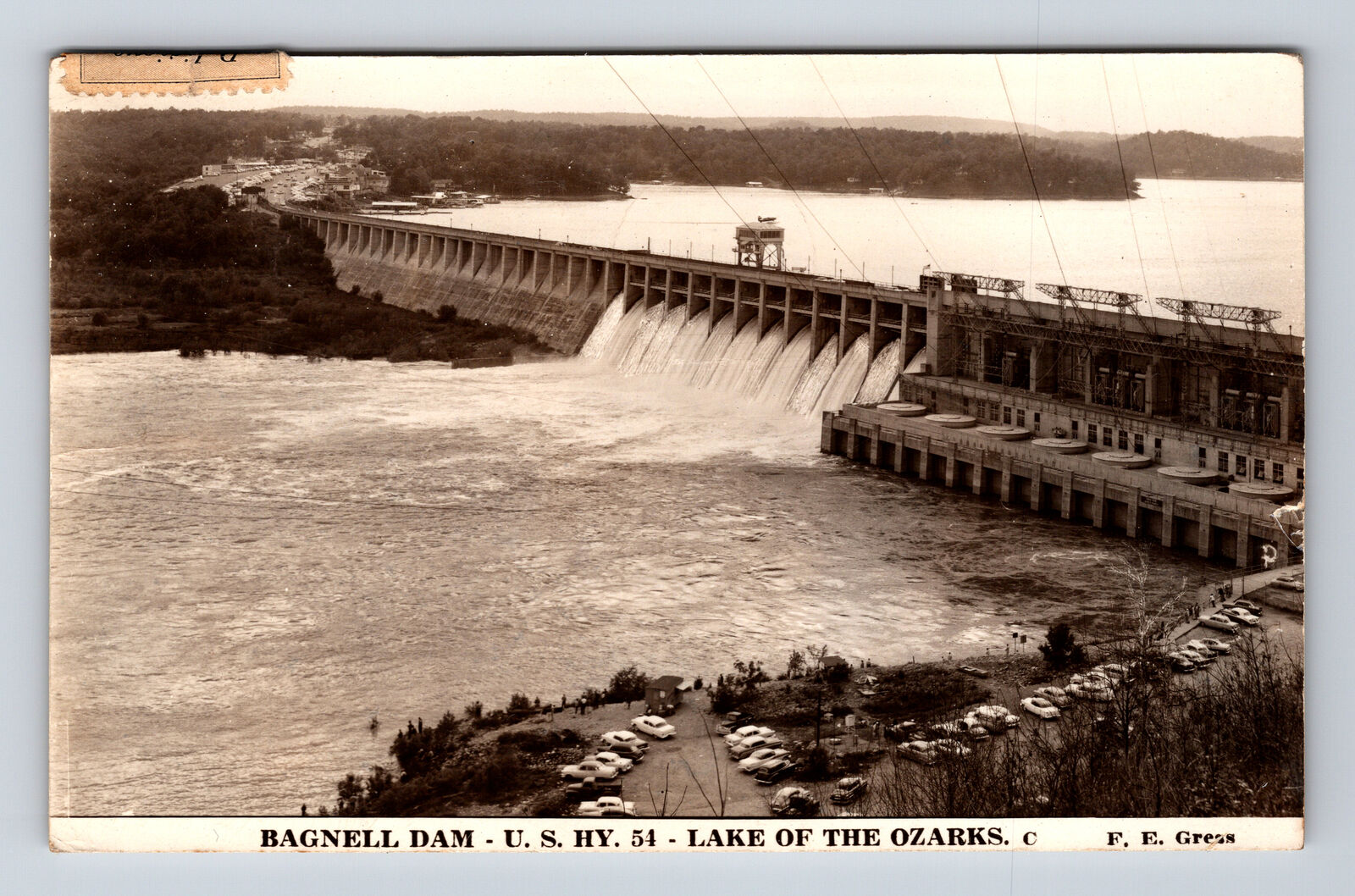 1959 RPPC Bagnell Dam US Hwy 54 Fisherman & Cars Lake of the Ozarks MO Postcard