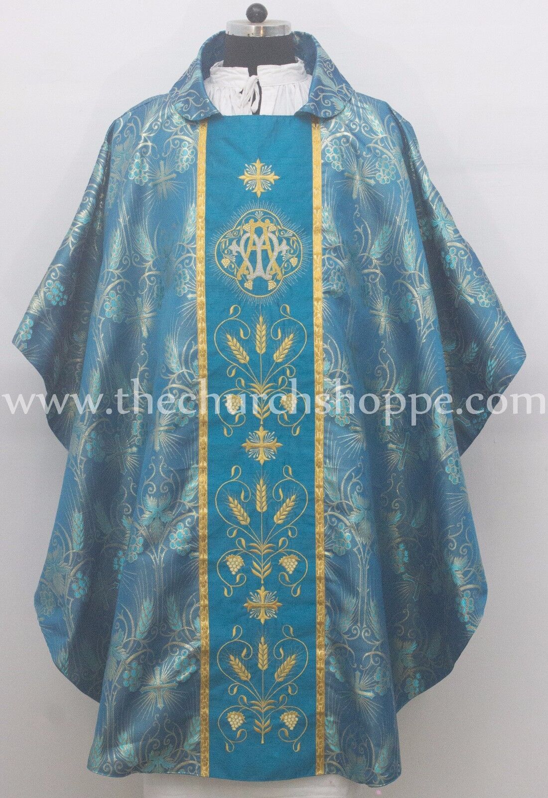 NEW METALLIC MARIAN BLUE Gothic Vestment & Stole set with AM Embroidery, Casula,