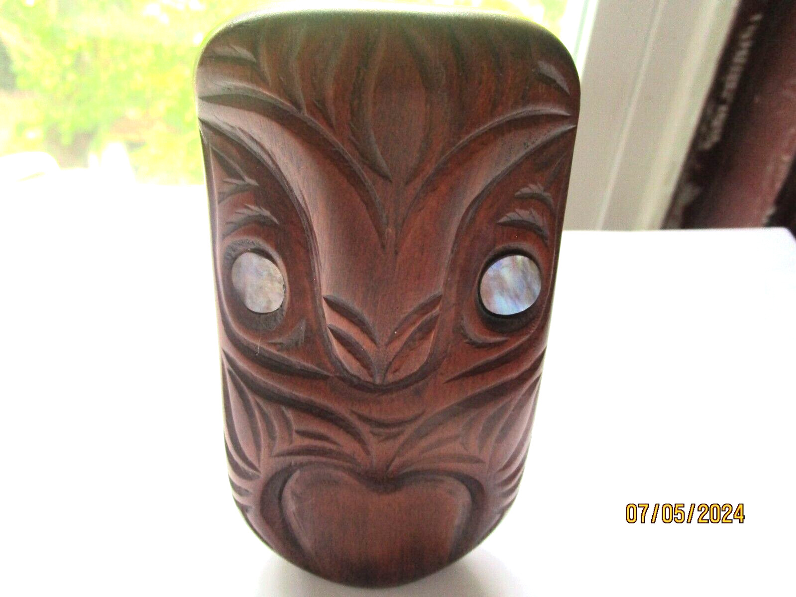 Vintage Maori Mask Figurine Paua shell eyes small New Zealand Hand Carved Timber