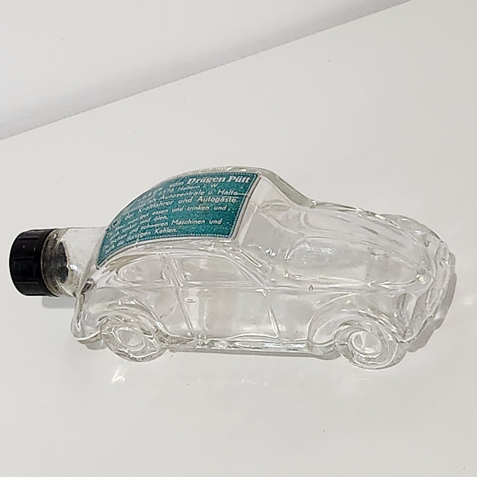 RARE Volkswagen VW Bug Beetle Glass Liquor Bottle Drügen Pütt KDF Brezelkafer