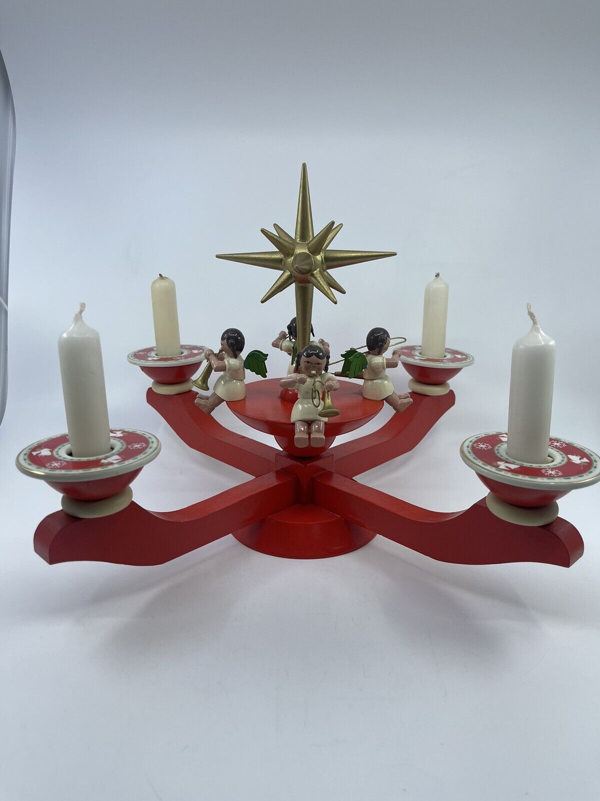 VTG Erzgebirge Germany Advent Angel Candle Holder Rare Ceramic Complete