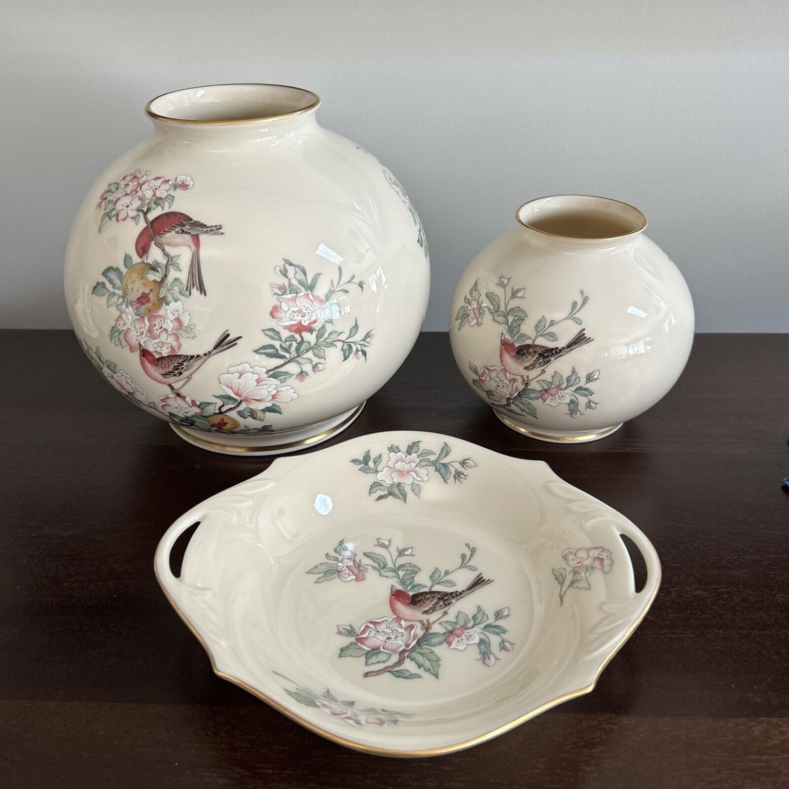 Set (3) OLDER LENOX SERENADE LARGE AND SMALL Globe Vases/Handled Dish. EUC