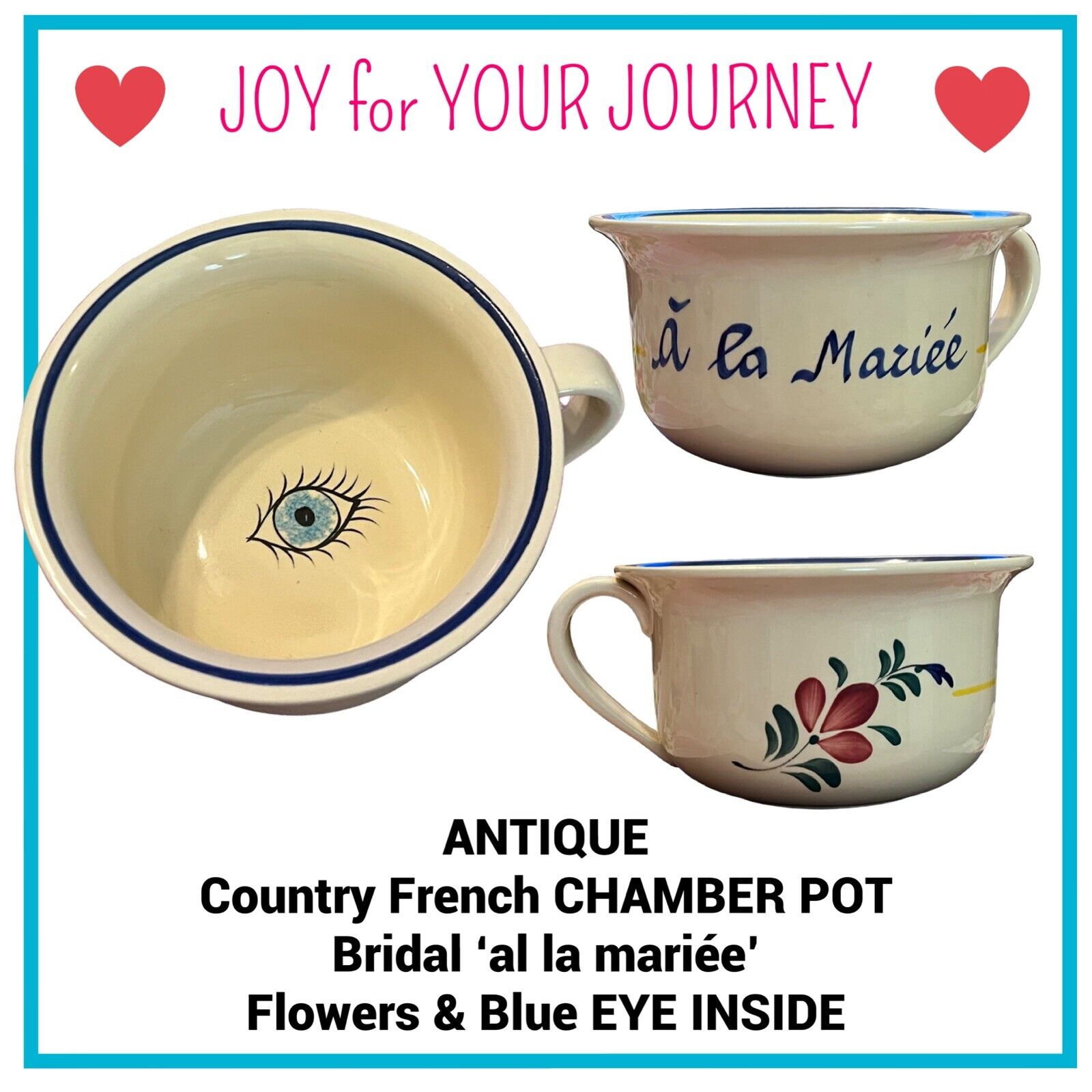ANTIQUE Blue EYE INSIDE Country French CHAMBER POT Bridal ‘al la mariée’ Flowers