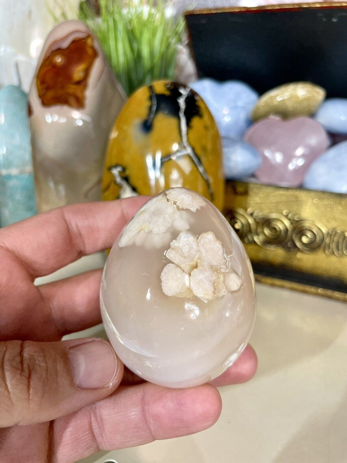Natural Crystal Egg Flower Agate Stone Healing Crystals Reiki Yoga 3x2\