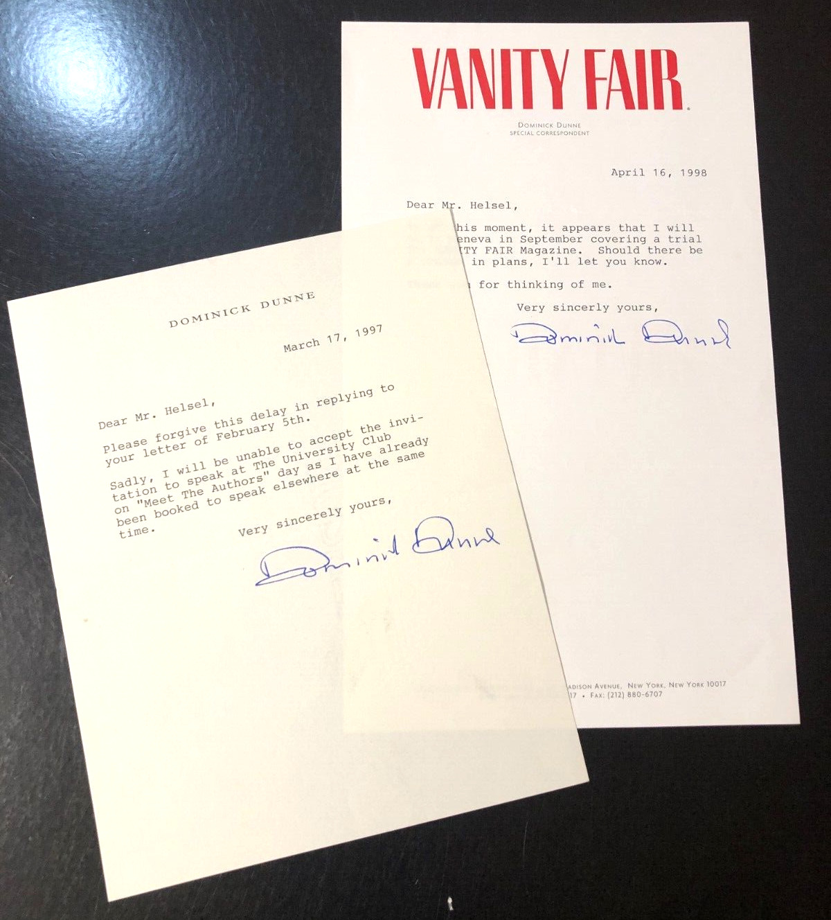 Two Dominick John Dunne Signed Letters \