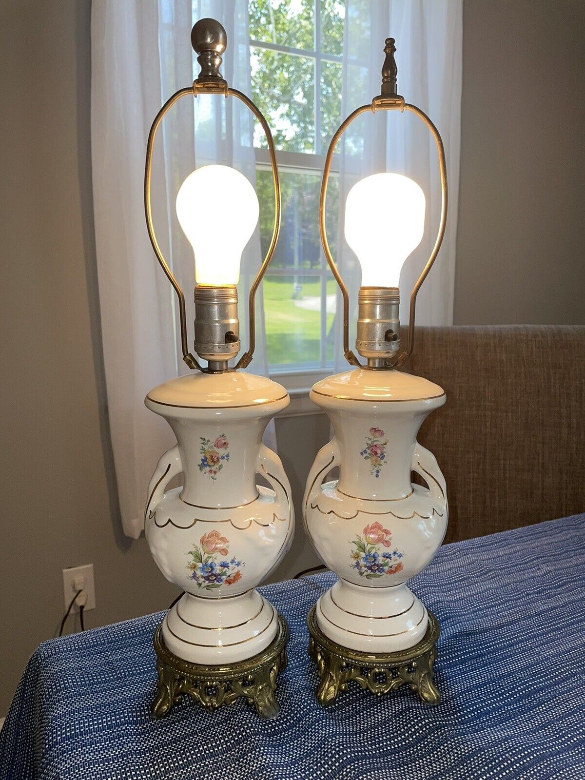 Vintage Pair Of (2) Victorian Floral French Counter Gold Trim Table Lamps