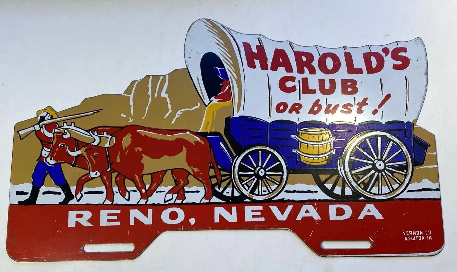 VINTAGE HAROLD'S CLUB OR BUST, RENO, NEVADA LICENCE PLATE SIGN