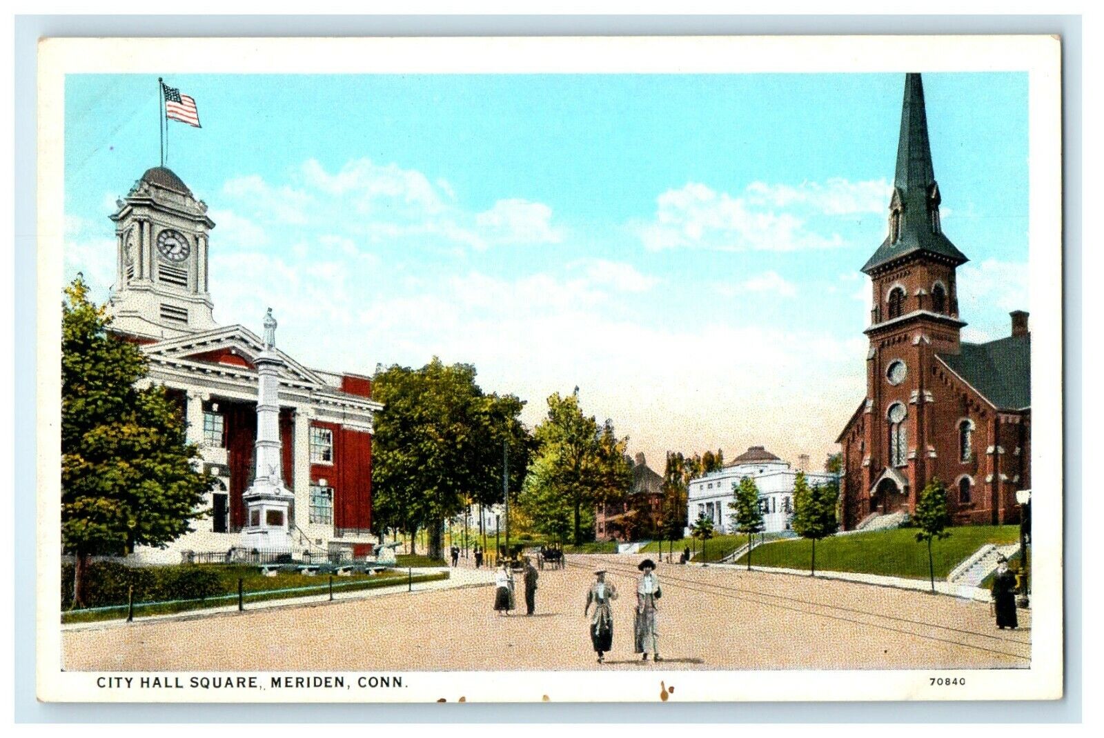 1935 Crowd Walking in City Hall Square, Meriden Connecticut CT Postcard
