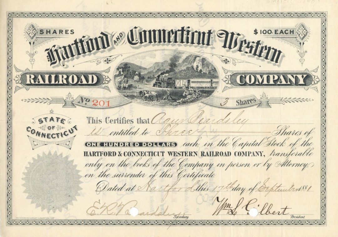 Hartford and Connecticut Western Railroad Co. Signed by William Gilbert - Stock 