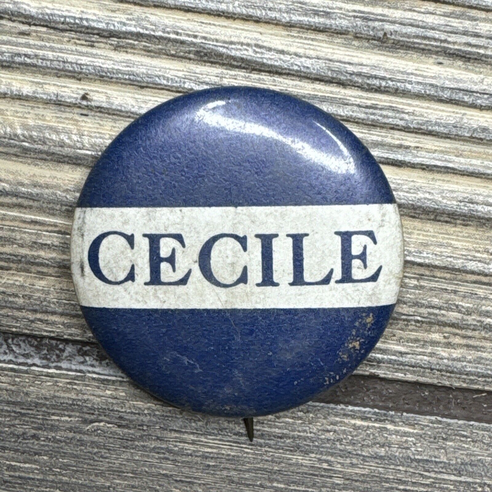 Vintage Round Button Pin Blue White ‘Cecile‘ 1”