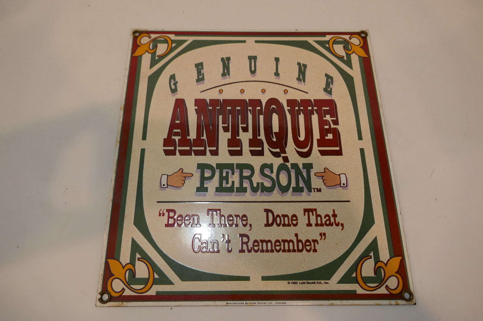 Antique Person - Ande Rooney Porcelain Metal Collectable Sign 1993