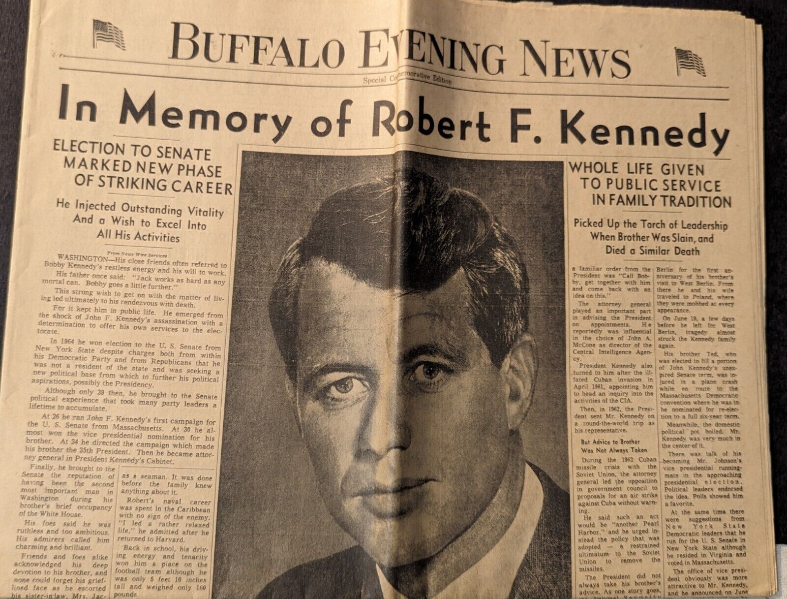 *VINTAGE JUNE 6, 1968 BUFFALO EVENING  NEWS ROBERT F. KENNEDY MEMORIAL EDITION*